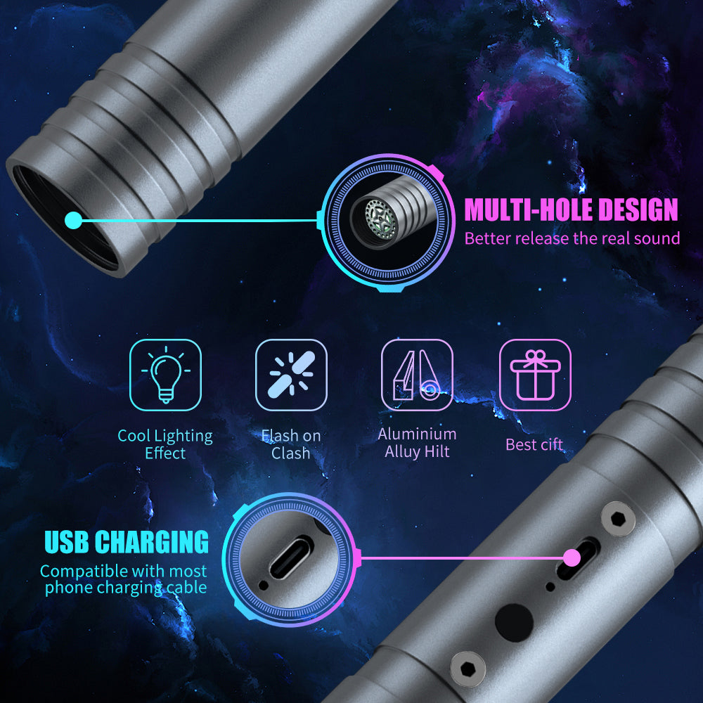 1-piece aluminum alloy handle, 15 color dynamic modes, rechargeable glowing sword, 4 cinematic sound effects