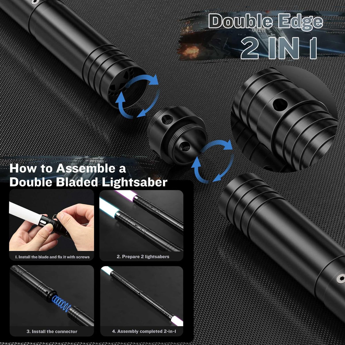 1-piece aluminum alloy handle, 15 color dynamic modes, rechargeable glowing sword, 4 cinematic sound effects