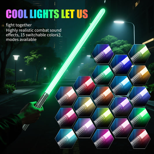 1-piece aluminum alloy handle, 15 color dynamic modes, rechargeable glowing sword, 4 cinematic sound effects