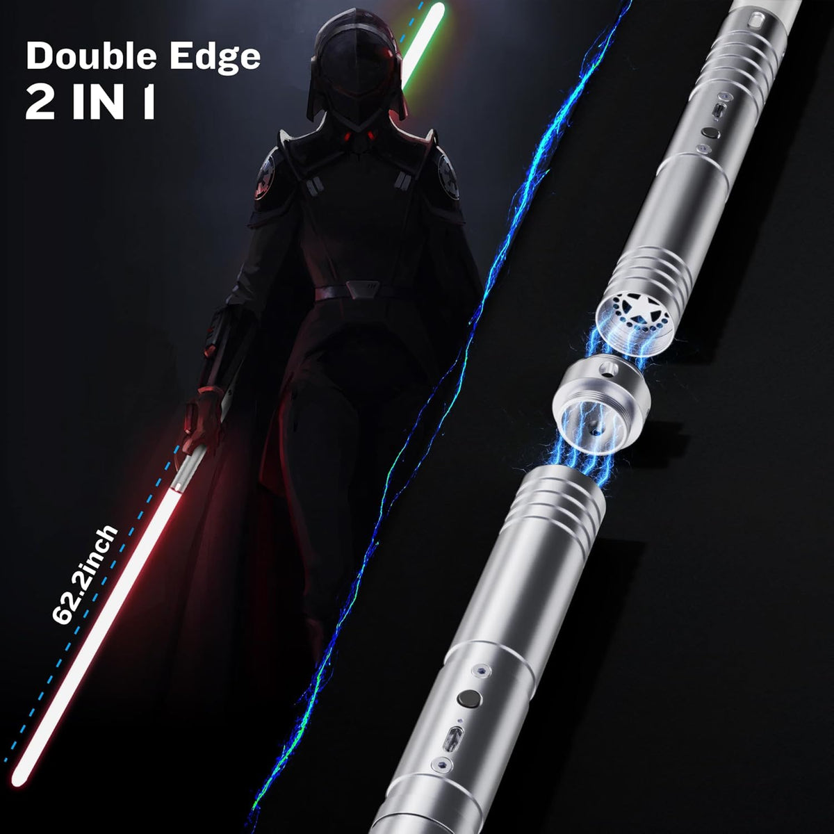 2-in-1 Light Up Sword Duel Set - Aluminum Handle, 15 Color Modes, 4 Sound Effects, Rechargeable - Perfect for Kids Role Playing and Adult Duels