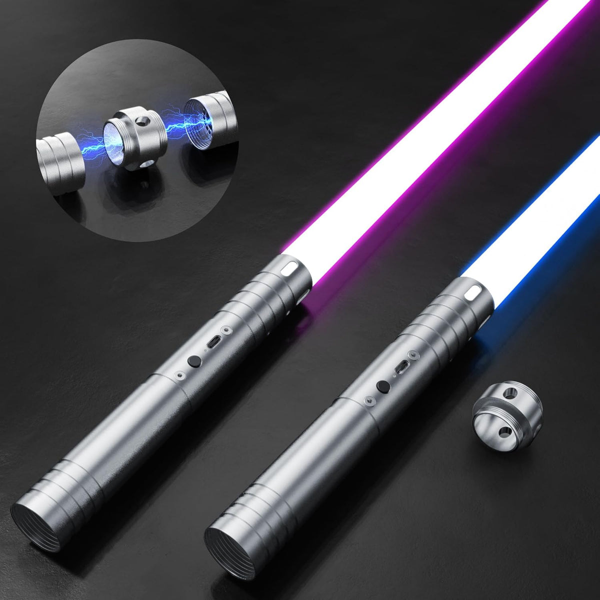 2-in-1 Light Up Sword Duel Set - Aluminum Handle, 15 Color Modes, 4 Sound Effects, Rechargeable - Perfect for Kids Role Playing and Adult Duels